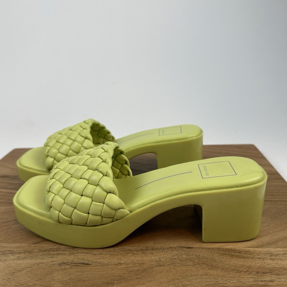 Womens Dolce Vita Goldy Green Faux‎ Leather Braided Slip On Heels Sandals Size 8 - Picture 2 of 8